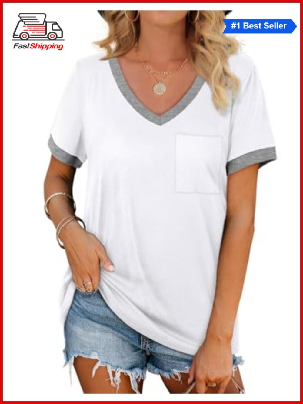 ✨ Womens V Neck Short Sleeve Loose Fit T Shirt with Pocket Casual Summer Top